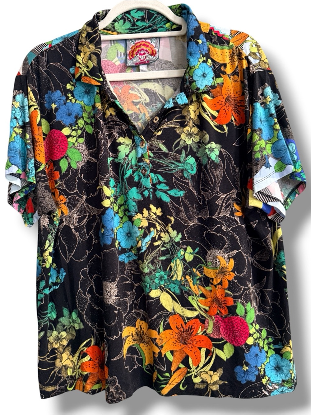 Johnny Was Nero Sequence Short Sleeve Polo Soft Jersey Tee Shirt Top Size Large - Picture 2 of 7
